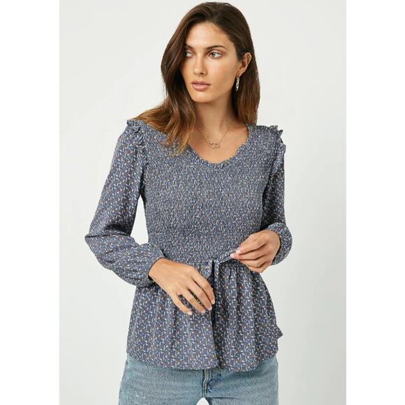 HAYDEN Laura Blue Floral Smocked Ruffle Blouse Small - Picture 1 of 5